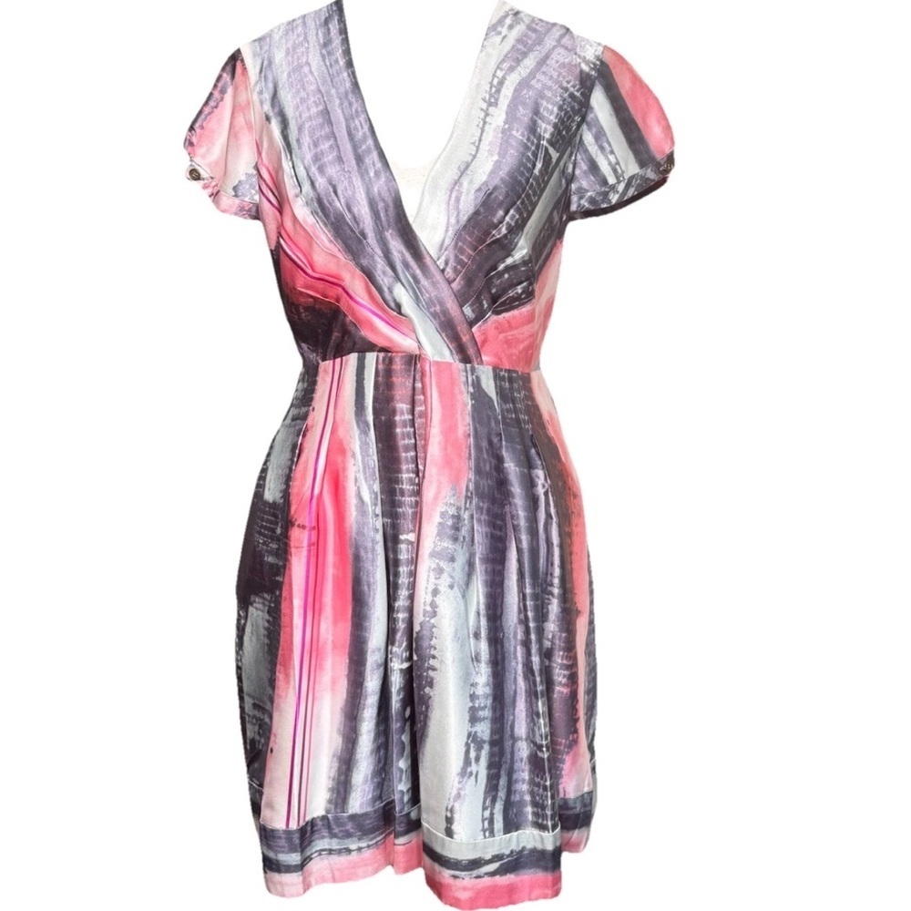 Walter Baker Fit And Flare Mini Dress 100% Silk V-neck Pink Gray 4 Watercolor